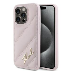 Karl Lagerfeld KLHCP15LPQDSMGP Apple iPhone 15 Pro 6.1" rožinės spalvos kietas dėklas Diagonal Quilted Script - Image 1