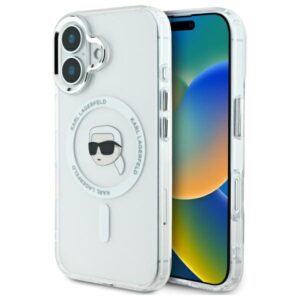 Karl Lagerfeld KLHMP16SHLSKIH Apple iPhone 16 6.1"baltos spalvos kietas dėklas IML Metal Karl Head MagSafe - Image 1