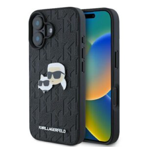 Karl Lagerfeld KLHCP16SPGKLKCPK Apple iPhone 16 6.1" juodos spalvos kietas dėklas Monogram Karl&Chaoupette Head Pi - Image 1
