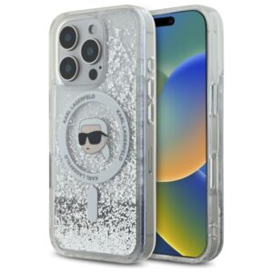 Karl Lagerfeld KLHMP16LLGKISGH Apple iPhone16 Pro 6.3" kietas dėklas skaidrus Liquid Glitter Karl Head Magsa - Image 1