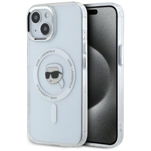 Dėklas Karl Lagerfeld IML Metal Karl Head MagSafe Apple iPhone 15 baltos spalvos