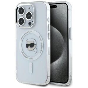 Dėklas Karl Lagerfeld IML Metal Karl Head MagSafe Apple iPhone 15 Pro Max baltos spalvos