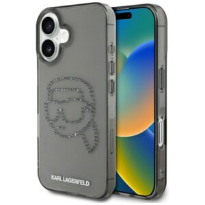 Dėklas Karl Lagerfeld IML Rhinestones Karl Head Apple iPhone 16 juodos spalvos