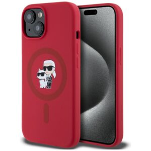 Dėklas Karl Lagerfeld Silicone Karl&Choupette Heads Ring MagSafe Apple iPhone 15 red