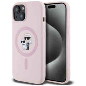 Dėklas Karl Lagerfeld Silicone Karl&Choupette MagSafe Apple iPhone 15 Plus rožinės spalvos
