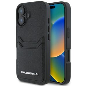 Dėklas Karl Lagerfeld HC Grained PU Cardslot Metal Elong Apple iPhone 16 juodos spalvos