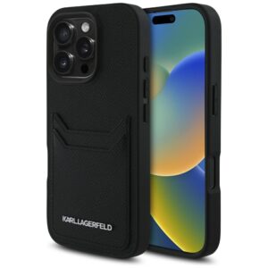 Dėklas Karl Lagerfeld HC Grained PU Cardslot Metal Elong Apple iPhone 16 Pro juodos spalvos