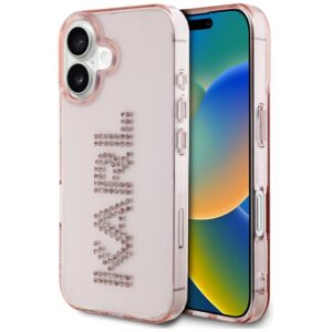 Dėklas Karl Lagerfeld IML Rhinestones Logo Apple iPhone 16 rožinės spalvos