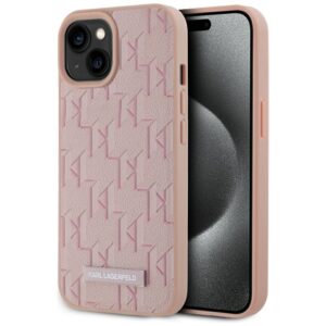 Dėklas Karl Lagerfeld Leather Monogram Metal Logo MagSafe Apple iPhone 15 rožinės spalvos