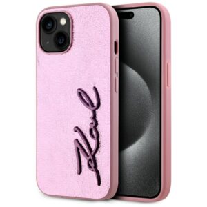 Dėklas Karl Lagerfeld Wrinkled Metal Signature Apple iPhone 15 rožinės spalvos