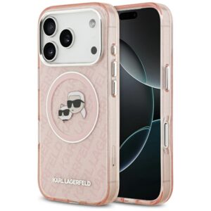 Karl Lagerfeld IML Glitter Karl & Choupette Heads Logo MagSafe dėklas Apple iPhone 17 Pro rožinės spalvos - Image 1