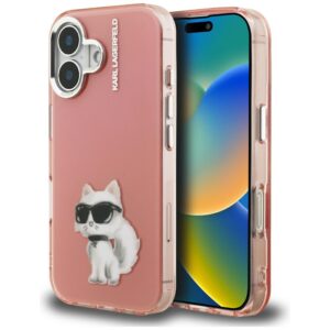 Dėklas Karl Lagerfeld IML Aquarelle Choupette & Logo Apple iPhone 16 rožinės spalvos