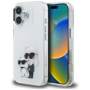 Dėklas Karl Lagerfeld IML Aquarelle Karl & Choupette & Logo Apple iPhone 16 baltos spalvos