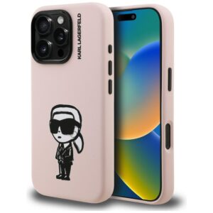 Dėklas Karl Lagerfeld Silicone Karl Sketch MagSafe Apple iPhone 16 Pro rožinės spalvos