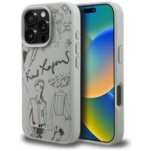 Dėklas Karl Lagerfeld Grained Pattern & Logo MagSafe Apple iPhone 16 Pro pilkos spalvos