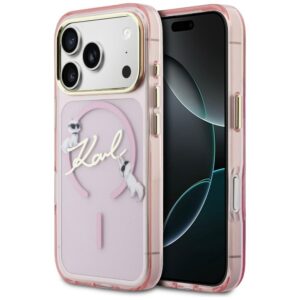 Dėklas Karl Lagerfeld IML Choupettes Karl Script Logo MagSafe Apple iPhone 17 Pro Max rožinės spalvos
