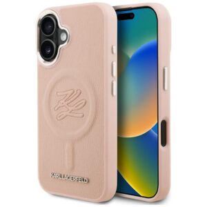 Dėklas Karl Lagerfeld Initial & Metal Logo MagSafe Apple iPhone 16 rožinės spalvos