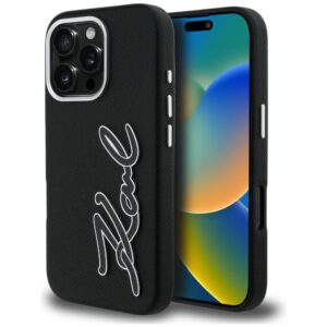 Dėklas Karl Lagerfeld FW Grained Signature Logo Apple iPhone 16 Pro juodos spalvos
