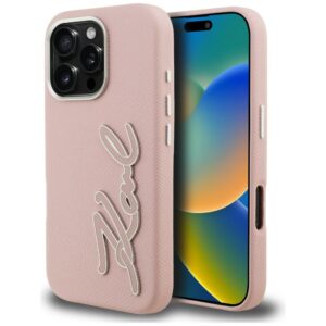 Dėklas Karl Lagerfeld FW Grained Signature Logo Apple iPhone 16 Pro Max rožinės spalvos