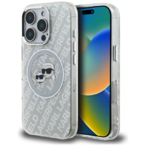 Dėklas Karl Lagerfeld IML Glitter Karl & Choupette Heads Logo MagSafe Apple iPhone 16 Pro Max pilkos spalvos