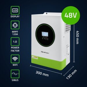 Qoltec 53866 Hibridinis saulės inverteris, autonominis, 6200 W | 120 A | 48 V | MPPT | BMS | „Wi-Fi“ parinktis | Sinusinis | Galios koeficientas 1,0 - Image 2