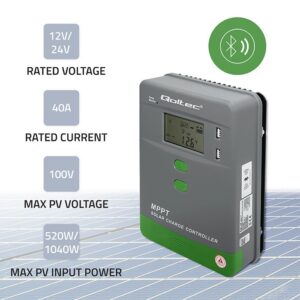 Qoltec 53663 Saulės įkrovimo valdiklis MPPT su temperatūros jutikliu 40A | 12V / 24V | LCD | 2x USB - Image 2