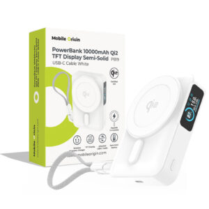 Mobile Origin 10000 mAh Qi2 TFT Display Semi-solid PowerBank PB19 - USB-C Cable White