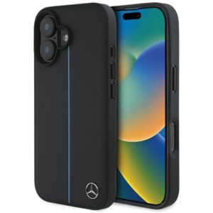 Mercedes MEHMP16S23RURBK Apple iPhone 16 6.1" juodos spalvos kietas dėklas MB Blue Line Leather MagSafe - Image 1