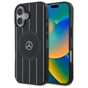 Mercedes MEHMP16S23HRSK Apple iPhone 16 6.1" juodos spalvos kietas dėklas MB Double Layer Crossed Lines MagSafe