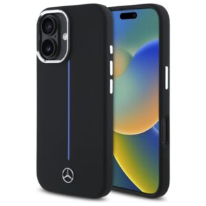 Mercedes MEHMP16S23SUMBK Apple iPhone 16 6.1" juodos spalvos kietas dėklas Silicone Blue Stripe MagSafe - Image 1
