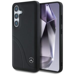 Mercedes Leather Curved Stitches Dėklas Samsung Galaxy S25 juodos spalvos