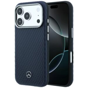 Dėklas Mercedes Leather Semi Wrap Wood Effect MagSafe Apple iPhone 17 Pro navy