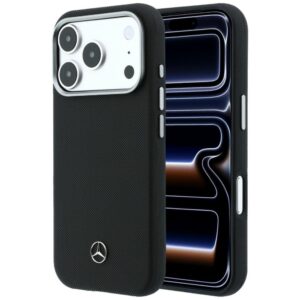 Dėklas Mercedes Leather Semi Wrap Wood Effect MagSafe Apple iPhone 17 Pro Max juodos spalvos