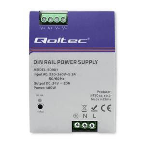 Qoltec 50901 Pramoninis DIN bėgių maitinimo šaltinis | 480W | 24V | 20A - Image 3