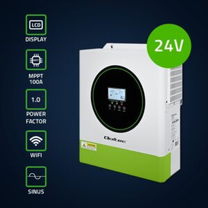 Qoltec 53865 Hibridinis saulės inverteris, neprisijungęs prie tinklo, 3500 W | 100 A | 24 V | MPPT | BMS | „Wi-Fi“ parinktis | Sinusinis | Galios koeficientas 1,0 - Image 2