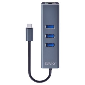 Savio AK-57 USB-C - 3 x USB-A šakotuvas su RJ-45 Gigabit Ethernet adapteriu, 5000 Mbps, pilkos spalvos - Image 2