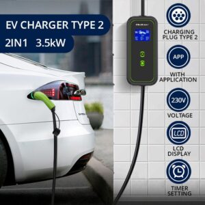 Qoltec 52476 Mobilus EV įkroviklis su reguliuojamu 2in1 Type2 | 3.5kW | 230V | Wi-fi | LCD | Nešiojamasis kompiuteris | Wallbox | 5 m - Image 2
