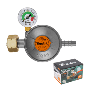 BRADAS DUJŲ REGULIATORIUS SU MANOMETRU IR APSAUGINIU VOŽTUVU EFV 37 mbar / 1,5 kg/h / 9 mm / DĖŽUTĖ