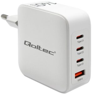 Qoltec 51828 GaN 140 W įkroviklis | 5–20 V | 2,5–5 A | 3 x USB-C PD | 1 x USB QC 3.0