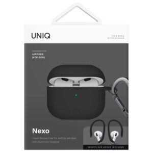 UNIQ dėklas Nexo AirPods 4 + Ear Hooks Silicone juodos spalvos - Image 8