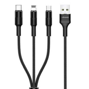 USAMS Braided U5 3-in-1 Kabelis 1.5m 2A juodos spalvos (Lightning/microUSB/USB-C) SJ2193IN101 (US-SJ219) - Image 1