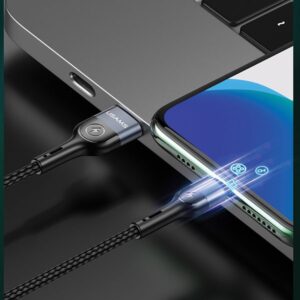 USAMS Braided U48 Lightning Kabelis 1.2m 2A Fast Charging with LED juodos spalvos SJ423USB01 (US-SJ423) - Image 9