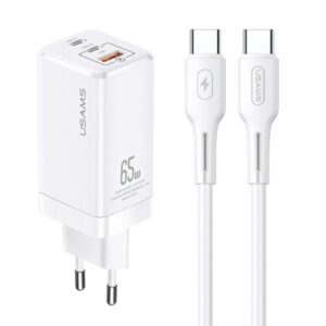 USAMS Laidinis įkroviklis MT 2xUSB-C + USB GaN 65W T33 PD + USB-C to USB-C Cable 100W Fast Charging baltos spalvos - Image 1