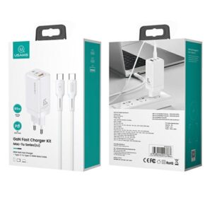 USAMS Laidinis įkroviklis MT 2xUSB-C + USB GaN 65W T33 PD + USB-C to USB-C Cable 100W Fast Charging baltos spalvos - Image 2