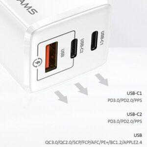 USAMS Laidinis įkroviklis MT 2xUSB-C + USB GaN 65W T33 PD (only head) Fast Charging baltos spalvos CC110TC02 (US-CC) - Image 6