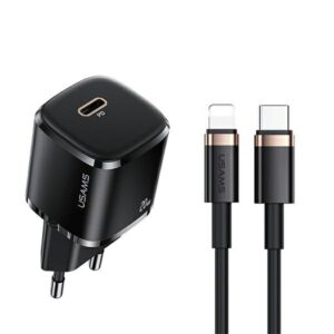USAMS Laidinis įkroviklis 1xUSB-C T36 mini 20W + USB-C to Lightning cable juodos spalvos PD3.0 Fast Charging XFKXLO - Image 1