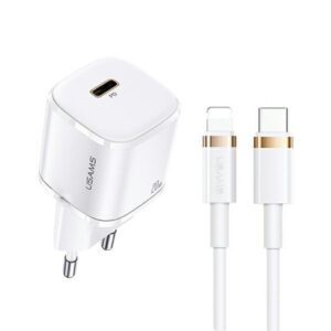 USAMS Laidinis įkroviklis 1xUSB-C T36 mini 20W + USB-C to Lightning cable baltos spalvos PD3.0 Fast Charging XFKXLOG - Image 1