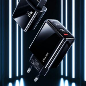 USAMS Laidinis įkroviklis 1xUSB-C + 1xUSB T40 20W LED (only head) PD3.0 + QC3.0 Fast Charging juodos spalvos CC133T - Image 2