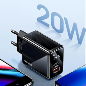 USAMS Laidinis įkroviklis 1xUSB-C + 1xUSB T40 20W LED (only head) PD3.0 + QC3.0 Fast Charging juodos spalvos CC133T - Image 3