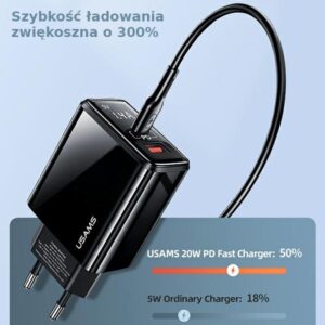 USAMS Laidinis įkroviklis 1xUSB-C + 1xUSB T40 20W LED (only head) PD3.0 + QC3.0 Fast Charging juodos spalvos CC133T - Image 4